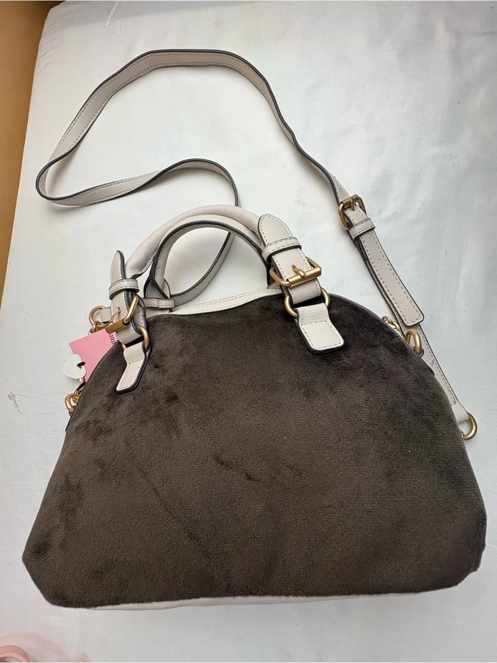 Juicy Couture Brown Plush Shoulder Bag with Cream Straps and Pink Logo